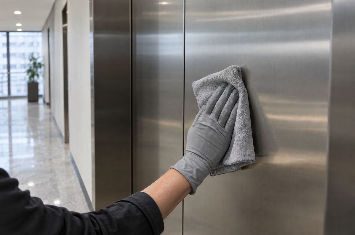 Edelstahltüren eines Aufzugs werden mit einem Mikrofasertuch gereinigt